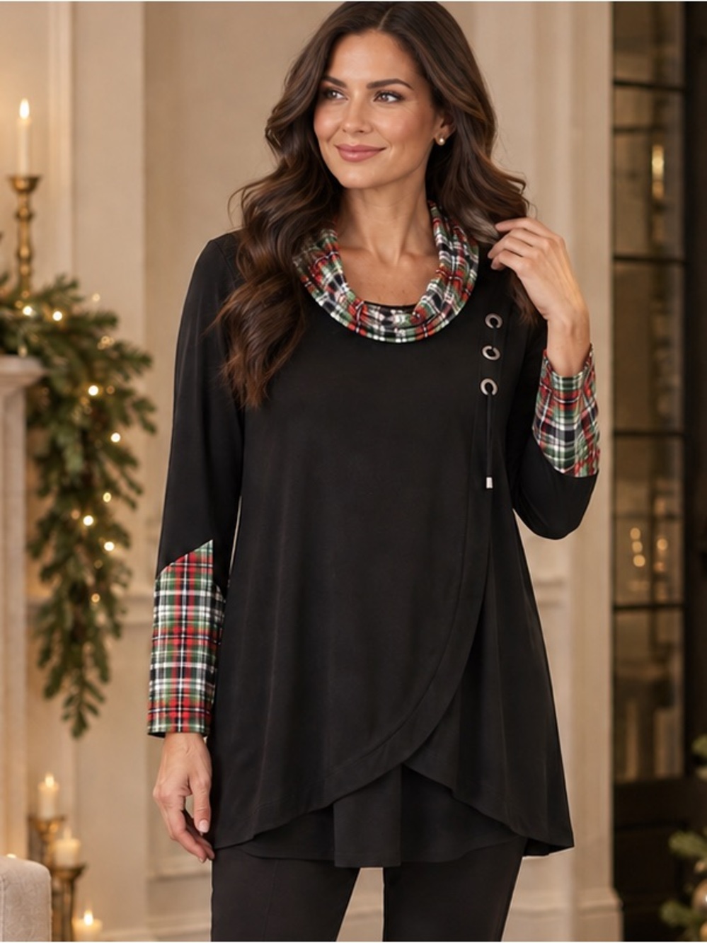 Ali Miles Black Plaid Tartan Asymmetrical Holiday Tunic Top Lagenlook Large